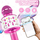 Micrófono karaoke rosa metálico con detalles brillantes y alas desmontables, ideal para niñas.