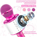Micrófono karaoke rosa metálico con detalles brillantes y alas desmontables, ideal para niñas.