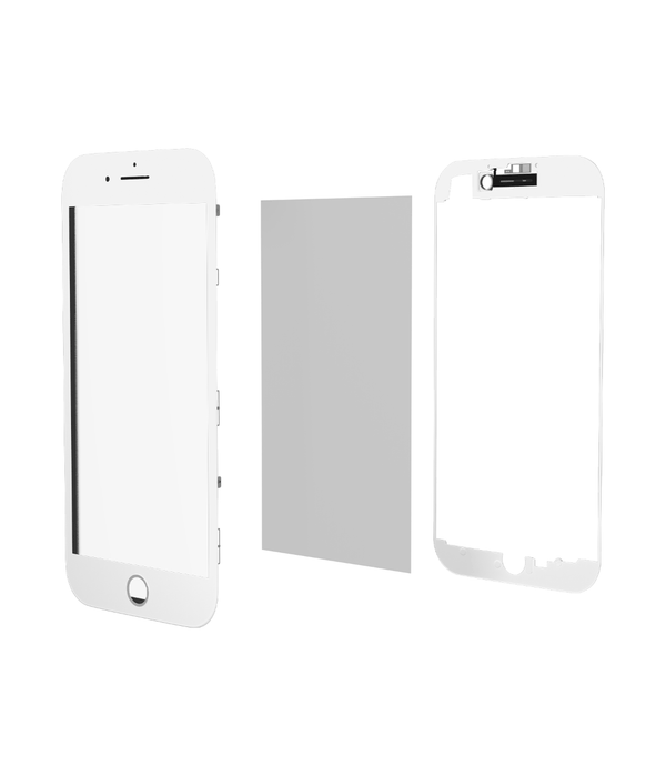 Encuentra en Guatemala el pack de 2 vidrios frontales, marcos y OCA premium para iPhone 8 Plus en color blanco, ideal para reparaciones en taller de celulares.