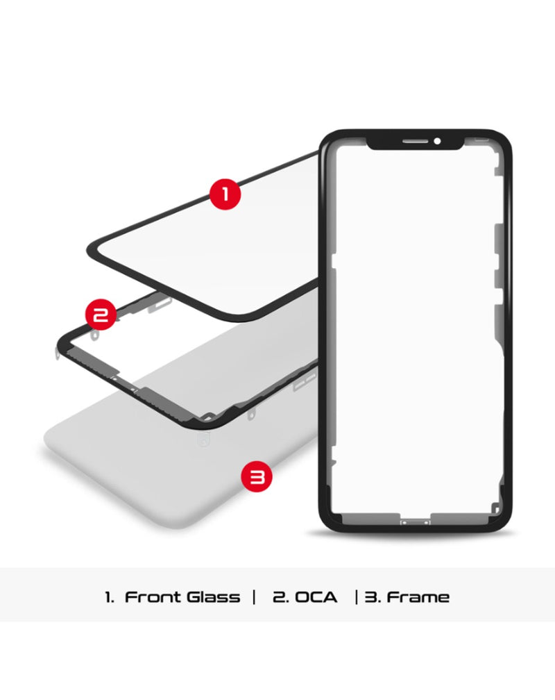 Kit de reparación premium para iPhone XR que incluye vidrio frontal, marco y OCA en Guatemala.