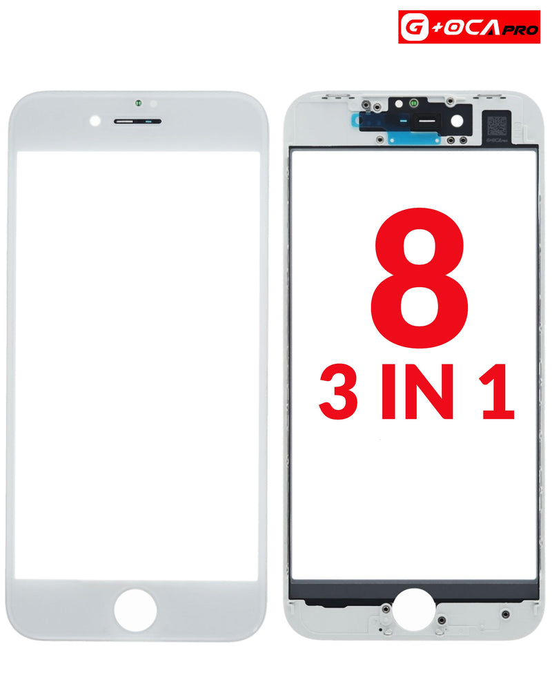 Reparación de pantalla iPhone 8 en Guatemala con cristal frontal, marco y OCA Premium en blanco.