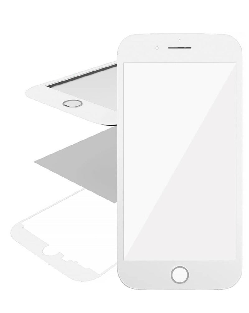 Reparación de pantalla iPhone 8 en Guatemala con cristal frontal, marco y OCA Premium en blanco.