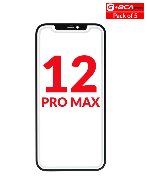 Cristales frontales iPhone 12 Pro Max (G+ Oca Pro) en Guatemala, paquete de 5 unidades ideales para reparaciones en talleres especializados.