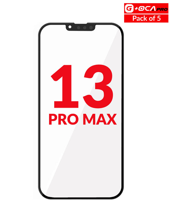 Vidrio frontal con OCA para iPhone 13 Pro Max, ideal para reparaciones en Guatemala, disponible en pack de 5 unidades.