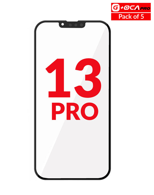 Cristales frontales para iPhone 13 Pro en Guatemala, pack de 5 unidades, ideales para reparaciones en talleres y mayoristas.