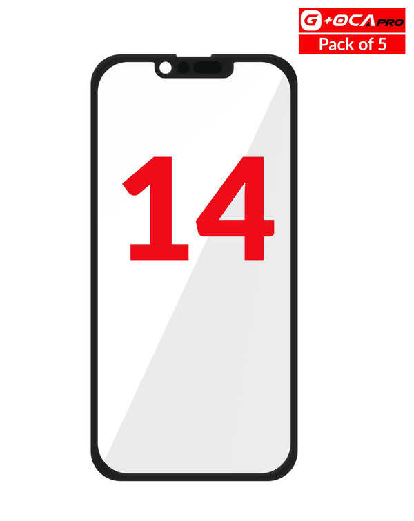 Compra el Pack de 5 Vidrios Frontales con OCA para iPhone 14 en Guatemala al mejor precio en el mercado de mayorista de componentes para reparaciones de celulares.