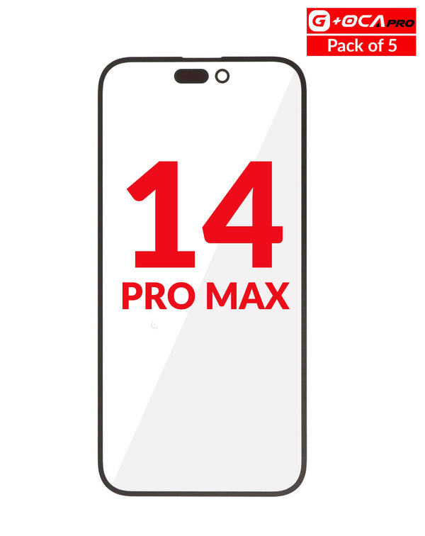 Encuentra vidrios frontales G+ Oca Pro para reparaciones de iPhone 14 Pro Max en Guatemala al mejor precio en pack de 5 unidades.