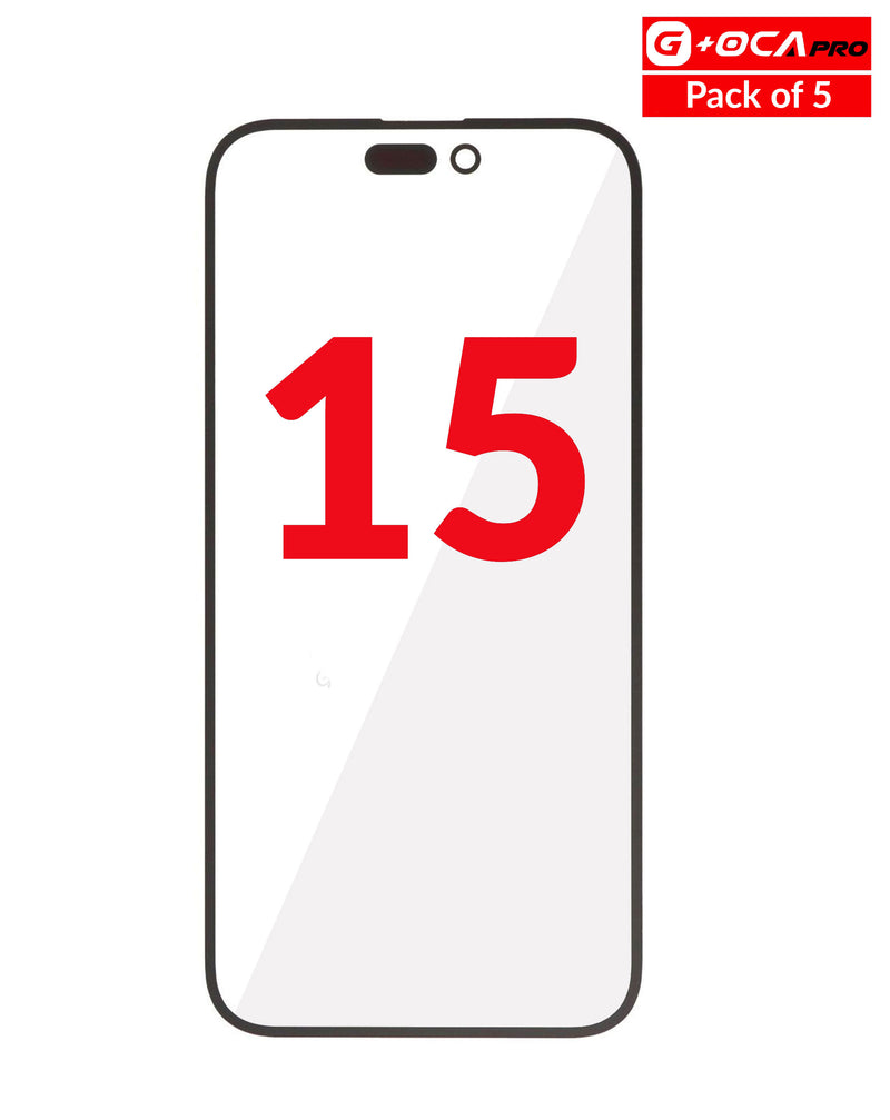 Venta al por mayor de vidrio frontal con OCA para iPhone 15 en Guatemala, ideal para talleres de reparación.