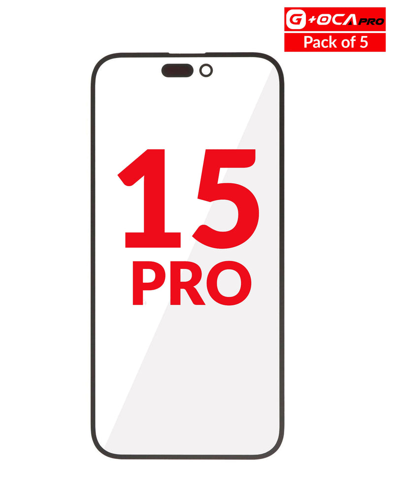 Venta de pack de 5 vidrios frontales con OCA para iPhone 15 Pro en Guatemala, ideal para reparaciones en talleres especializados.