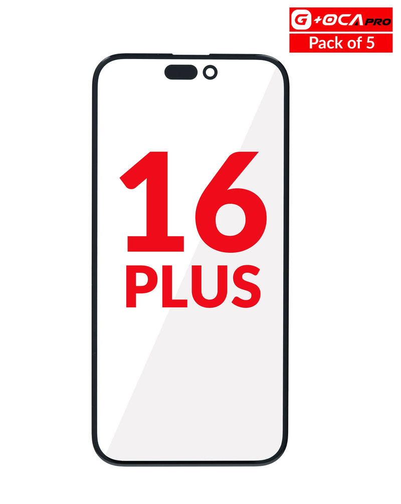 Cristal frontal con OCA para iPhone 16 Plus (G+ Oca Pro) en pack de 5, ideal para reparaciones de iPhones en Guatemala.