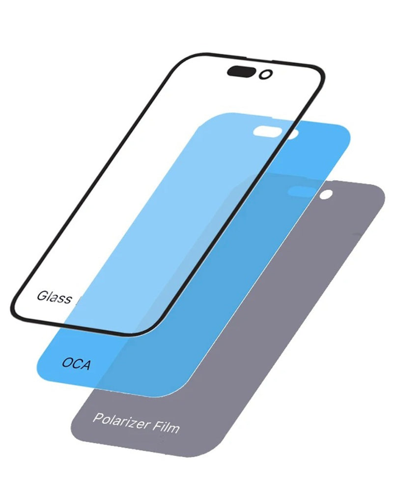 Reparación de pantalla 3 en 1 (Vidrio frontal + Película polarizadora + OCA) para iPhone 15 Plus en Guatemala.