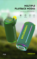 Altavoz deportivo portátil HOPESTAR P58 verde, resistente al agua, con asa y rejilla negra.