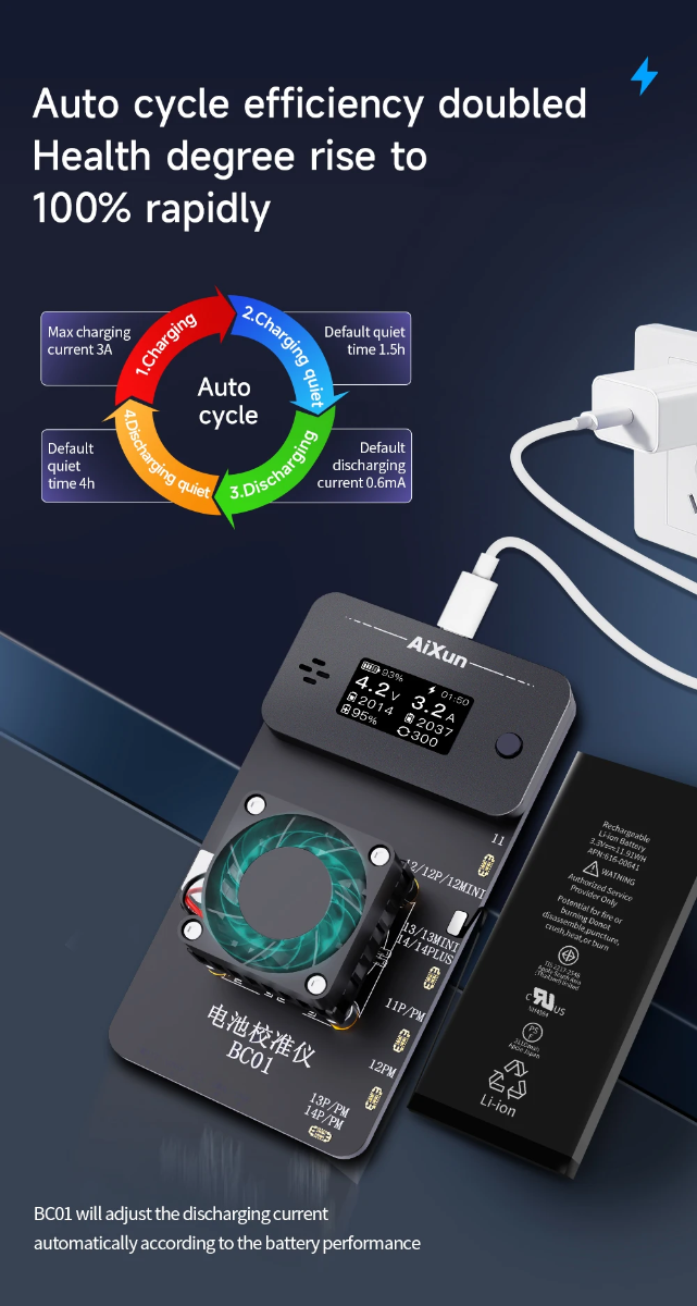 Encuentra el calibrador de salud de batería AiXun para iPhone 11-14 en Guatemala, ideal para realizar calibraciones precisas en talleres especializados.