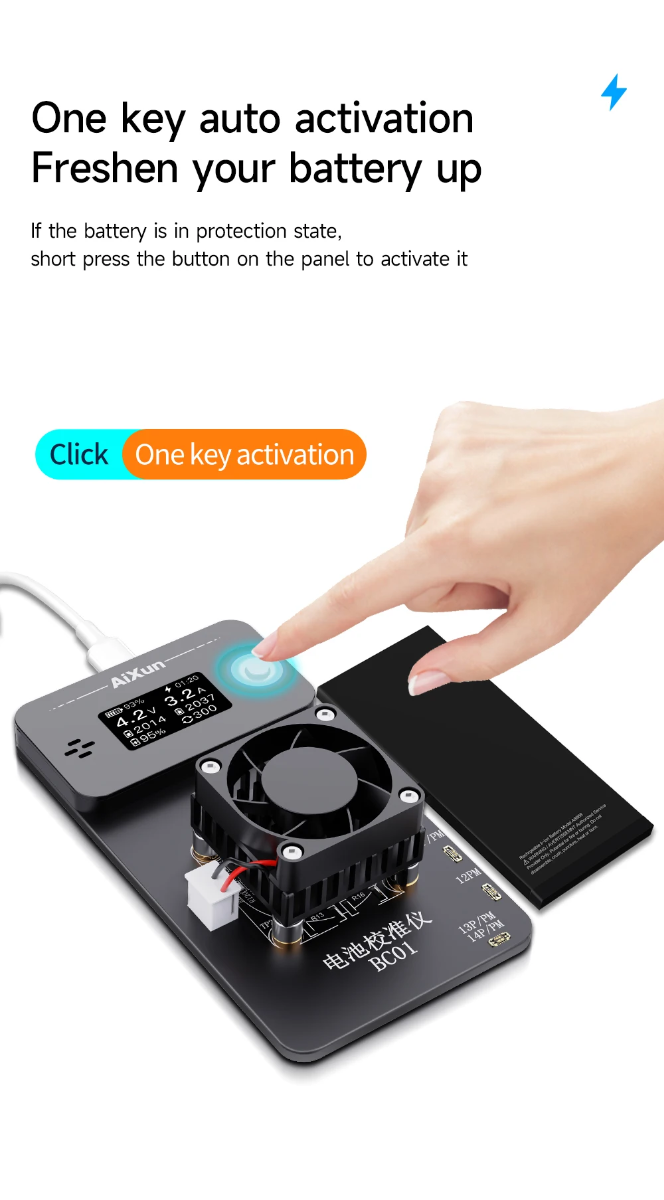 Encuentra el calibrador de salud de batería AiXun para iPhone 11-14 en Guatemala, ideal para realizar calibraciones precisas en talleres especializados.