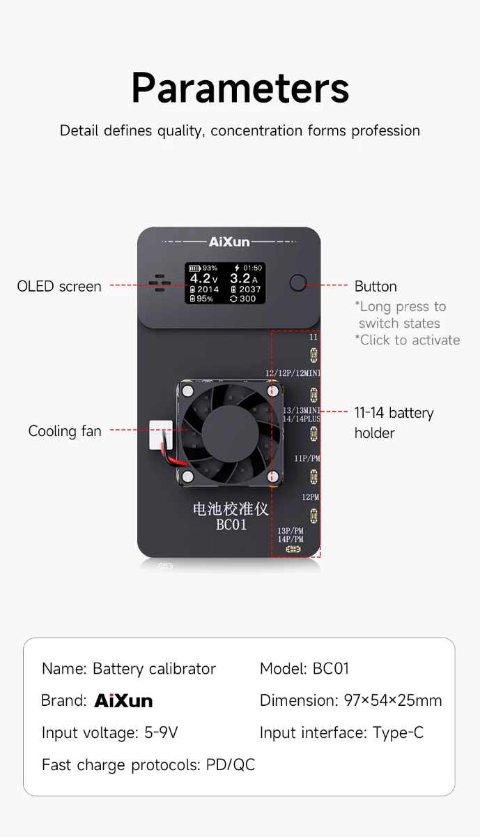 Encuentra el calibrador de salud de batería AiXun para iPhone 11-14 en Guatemala, ideal para realizar calibraciones precisas en talleres especializados.