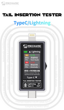 Tester de inserción de cola digital de alta precisión para conectores Type-C a Lightning, ideal para talleres de reparación en Guatemala.