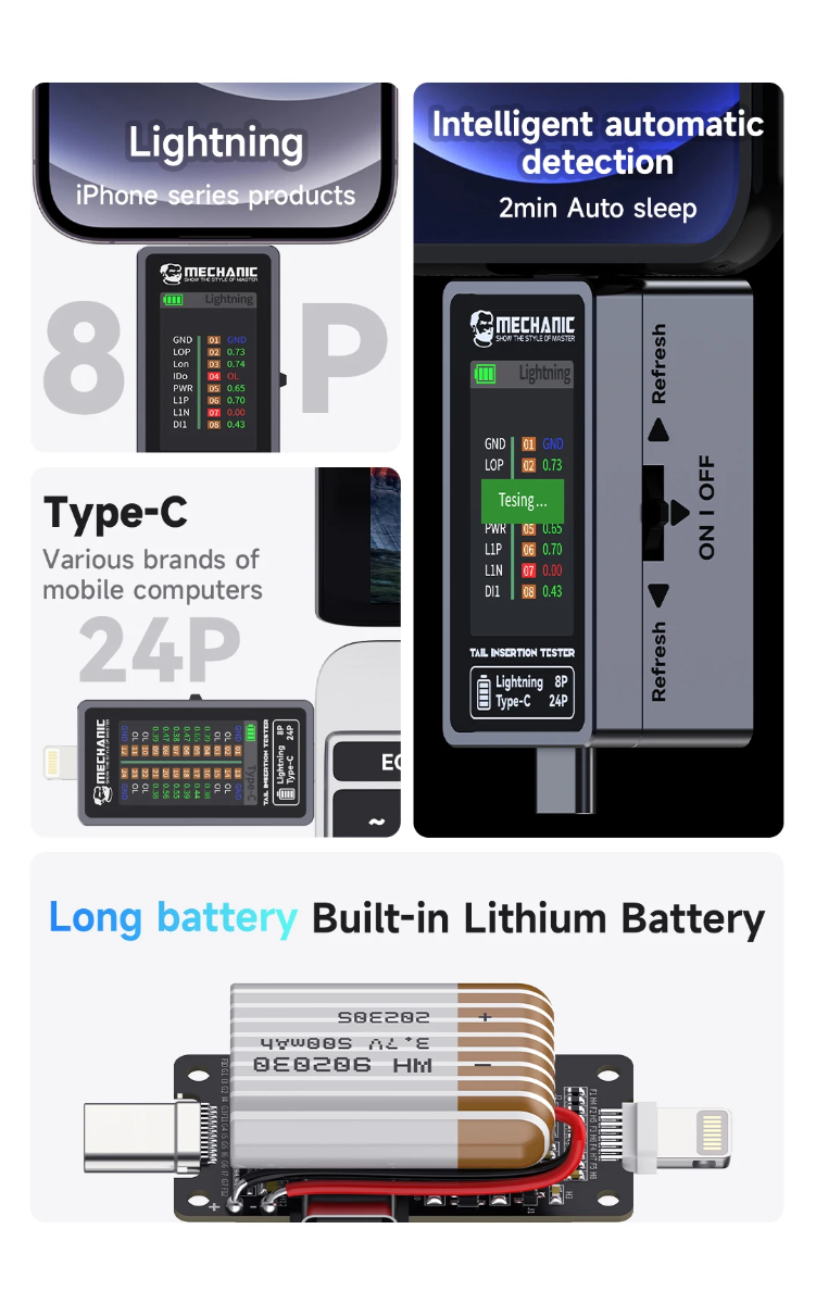 Tester de inserción de cola digital de alta precisión para conectores Type-C a Lightning, ideal para talleres de reparación en Guatemala.