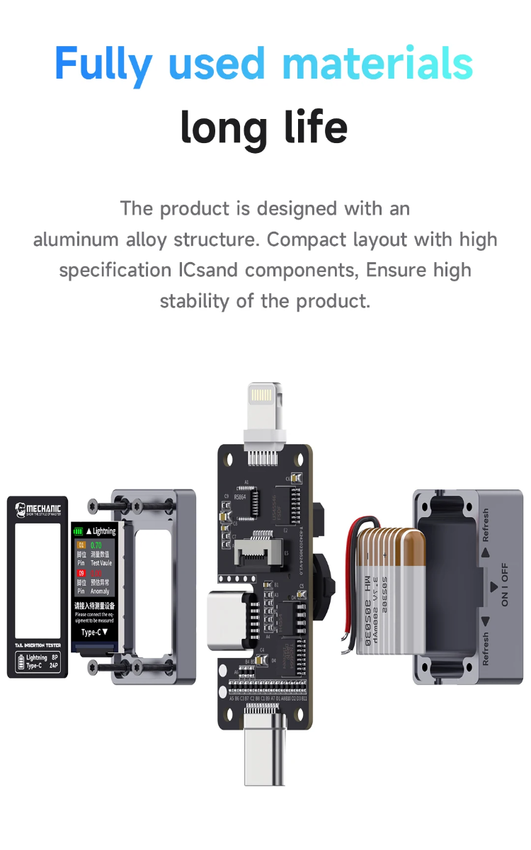 Tester de inserción de cola digital de alta precisión para conectores Type-C a Lightning, ideal para talleres de reparación en Guatemala.
