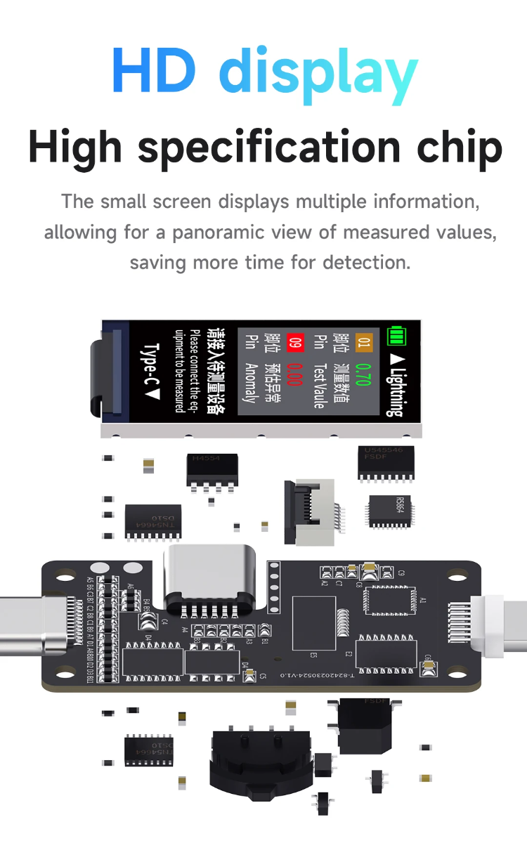 Tester de inserción de cola digital de alta precisión para conectores Type-C a Lightning, ideal para talleres de reparación en Guatemala.