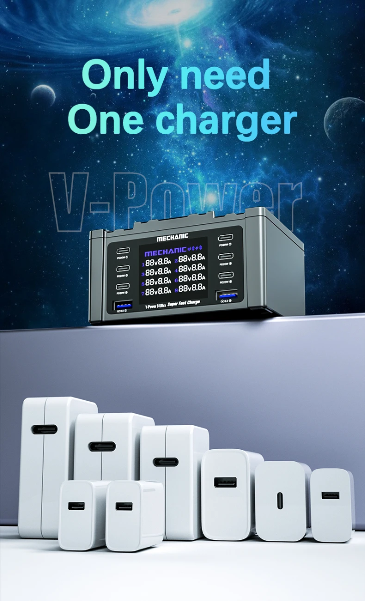 Reparación y venta al mayor de puerto de carga digital 8 Ultra en Guatemala, con alta potencia y 8 puertos rápidos.