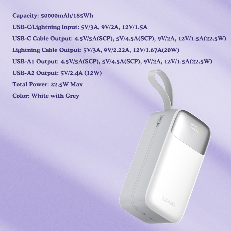 Compra al por mayor en Guatemala el PowerBank LDNIO PQ50 con lanyard de 50000mAh y 22.5W en SlowBack para tus dispositivos electrónicos.