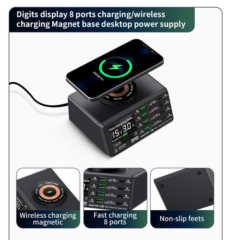 Encuentra la fuente de poder QianLi Mega-Idea PQW110 de carga rápida con display digital y carga inalámbrica en Guatemala.