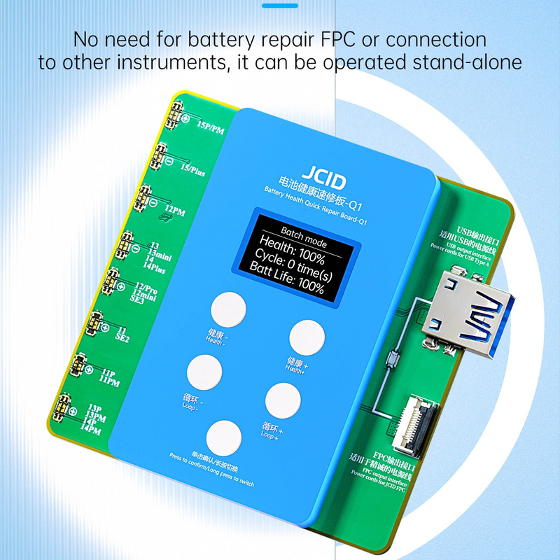 Repara rápidamente la salud de la batería de tu iPhone 11 a 15 Pro Max en Guatemala con la placa de reparación JC ID Q1.