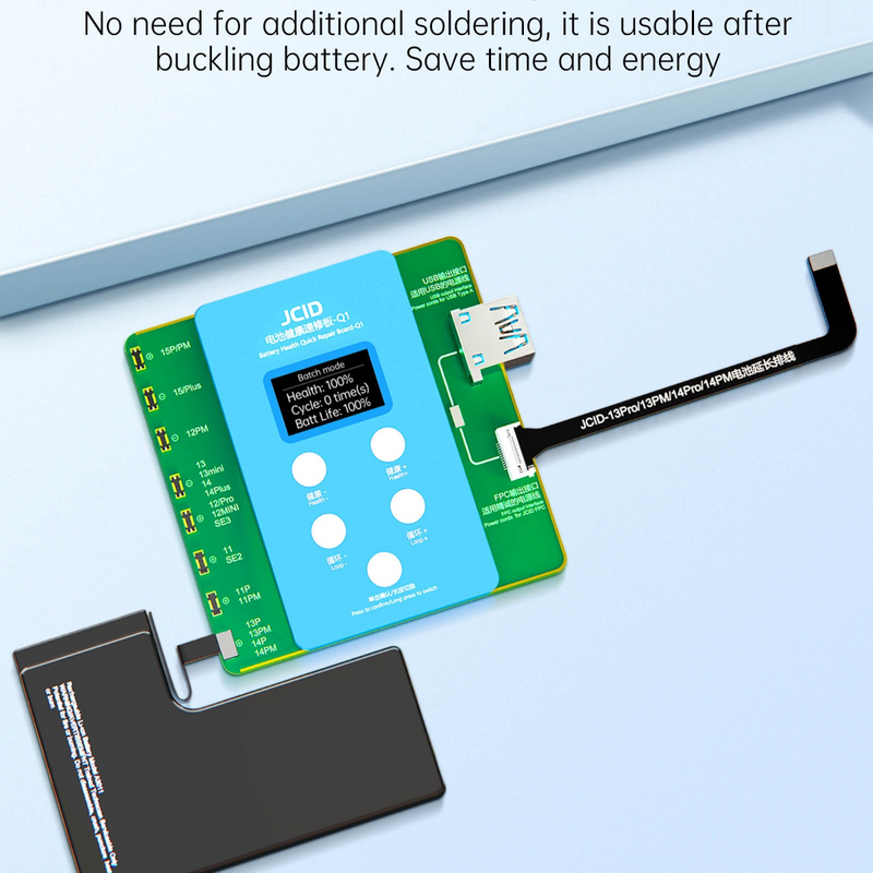 Repara rápidamente la salud de la batería de tu iPhone 11 a 15 Pro Max en Guatemala con la placa de reparación JC ID Q1.