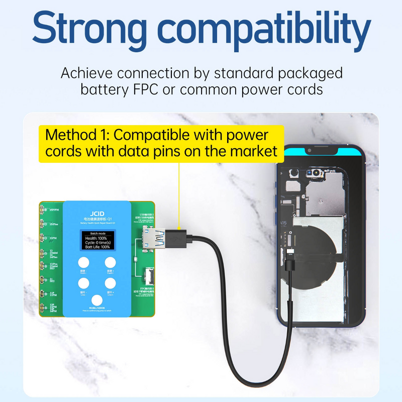 Repara rápidamente la salud de la batería de tu iPhone 11 a 15 Pro Max en Guatemala con la placa de reparación JC ID Q1.