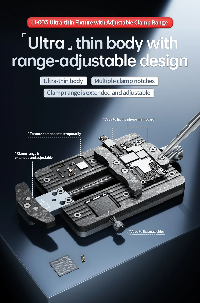 Encuentra el fixture ultradelgado con abrazadera ajustable QianLi Mega-Idea JJ-003 en Guatemala para tus reparaciones de dispositivos electrónicos.