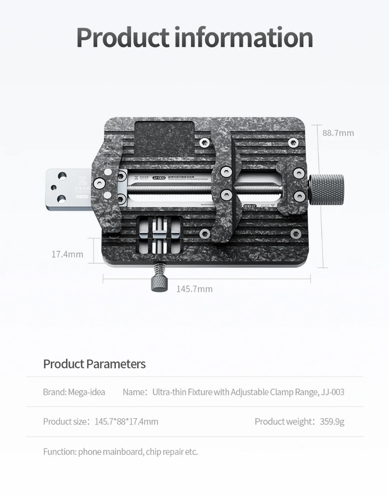 Encuentra el fixture ultradelgado con abrazadera ajustable QianLi Mega-Idea JJ-003 en Guatemala para tus reparaciones de dispositivos electrónicos.
