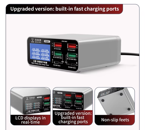 Fuente de poder digital de carga rápida QianLi Mega-Idea PQ687 87W con display y 6 puertos, disponible en Guatemala para reparaciones y mayoristas.