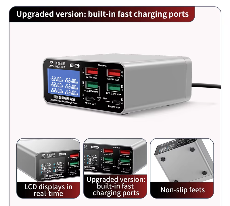 Fuente de poder digital de carga rápida QianLi Mega-Idea PQ687 87W con display y 6 puertos, disponible en Guatemala para reparaciones y mayoristas.
