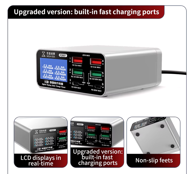 Fuente de poder digital de carga rápida QianLi Mega-Idea PQ687 87W con display y 6 puertos, disponible en Guatemala para reparaciones y mayoristas.