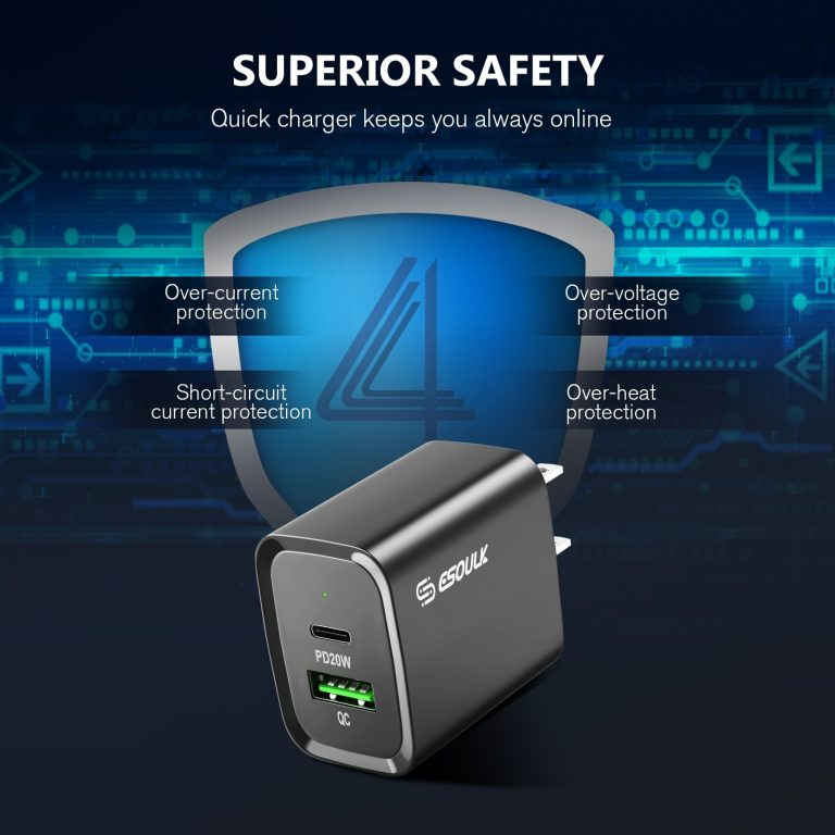 Encuentra el adaptador de pared USB C+A de 20W con cable USB C-C de Esoulk en Guatemala para carga rápida.