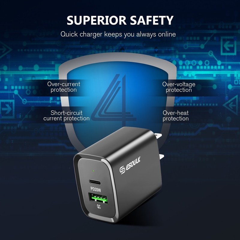 Encuentra el adaptador de pared Esoulk USB C+A PD/QC con cable USB C-L en Guatemala para cargas rápidas y eficientes.