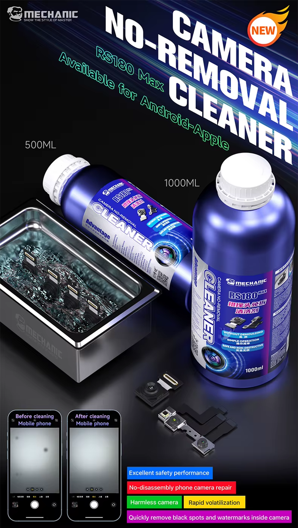 Encuentra el limpiador de cámara trasera MECHANIC RS180 MAX (1000ML) en Guatemala para mantenimiento de teléfonos móviles.