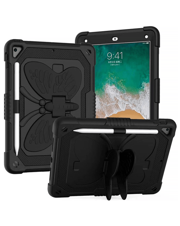Encuentra en Guatemala la mejor case protectora con soporte mariposa para iPad 10.2, Air 3 y Pro 10.5 en color negro.