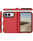 Funda protectora roja de doble capa para iPhone Duo, absorción de impacto, diseño robusto.