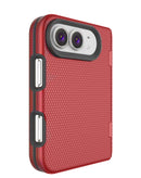Funda protectora roja de doble capa para iPhone Duo, absorción de impacto, diseño robusto.