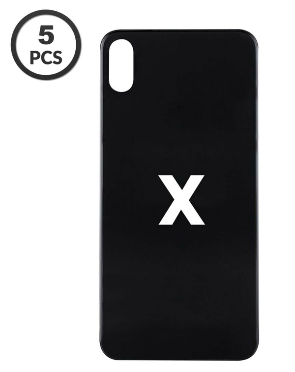 Compra al por mayor un pack de 5 tapas traseras con agujero mayor para iPhone X en Guatemala.