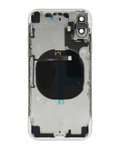 Marco trasero plateado con componentes preinstalados para iPhone X en Guatemala, ideal para reparaciones en talleres y mayoristas.