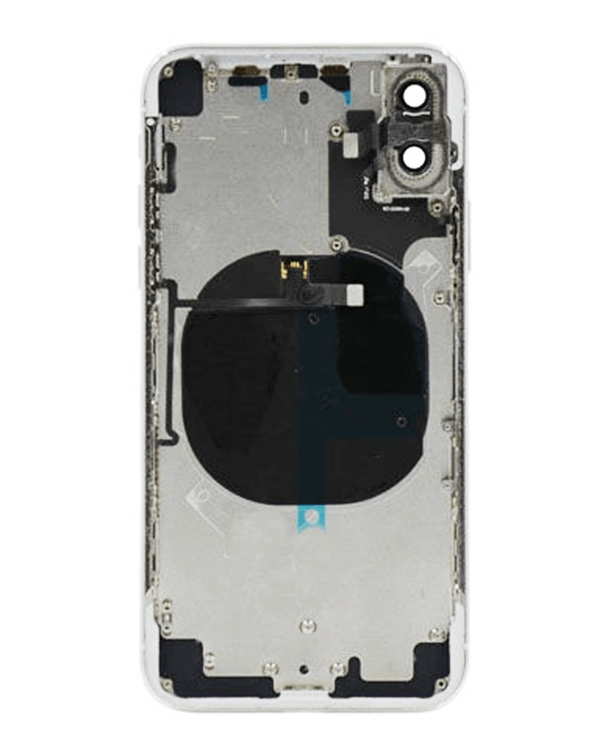 Marco trasero plateado con componentes preinstalados para iPhone X en Guatemala, ideal para reparaciones en talleres y mayoristas.