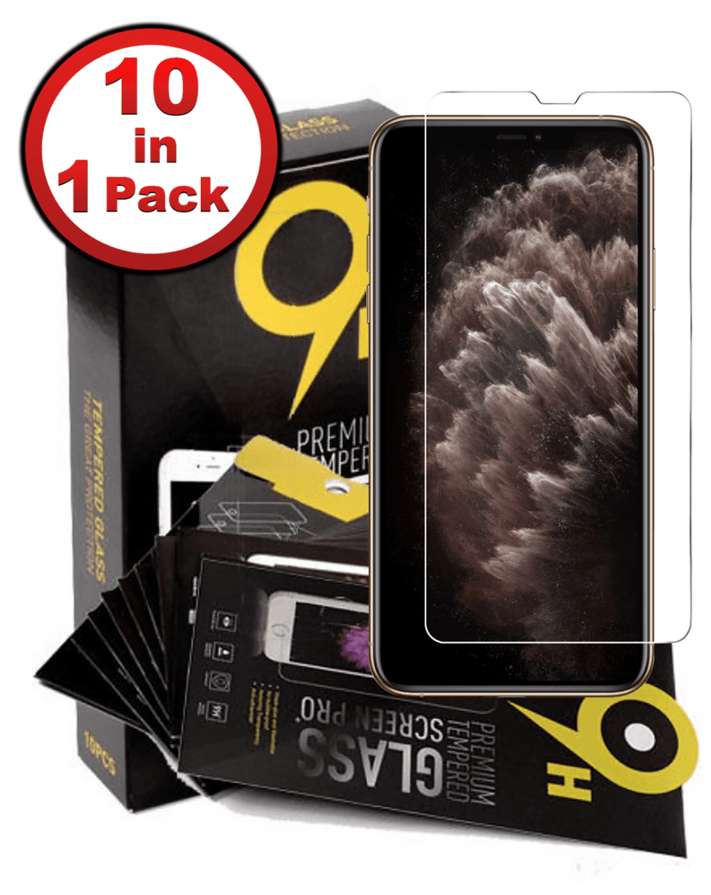 Cristal templado Clear para iPhone 11 Pro/XS/X en pack de 10, disponible en Guatemala para mayoristas y talleres de reparación.