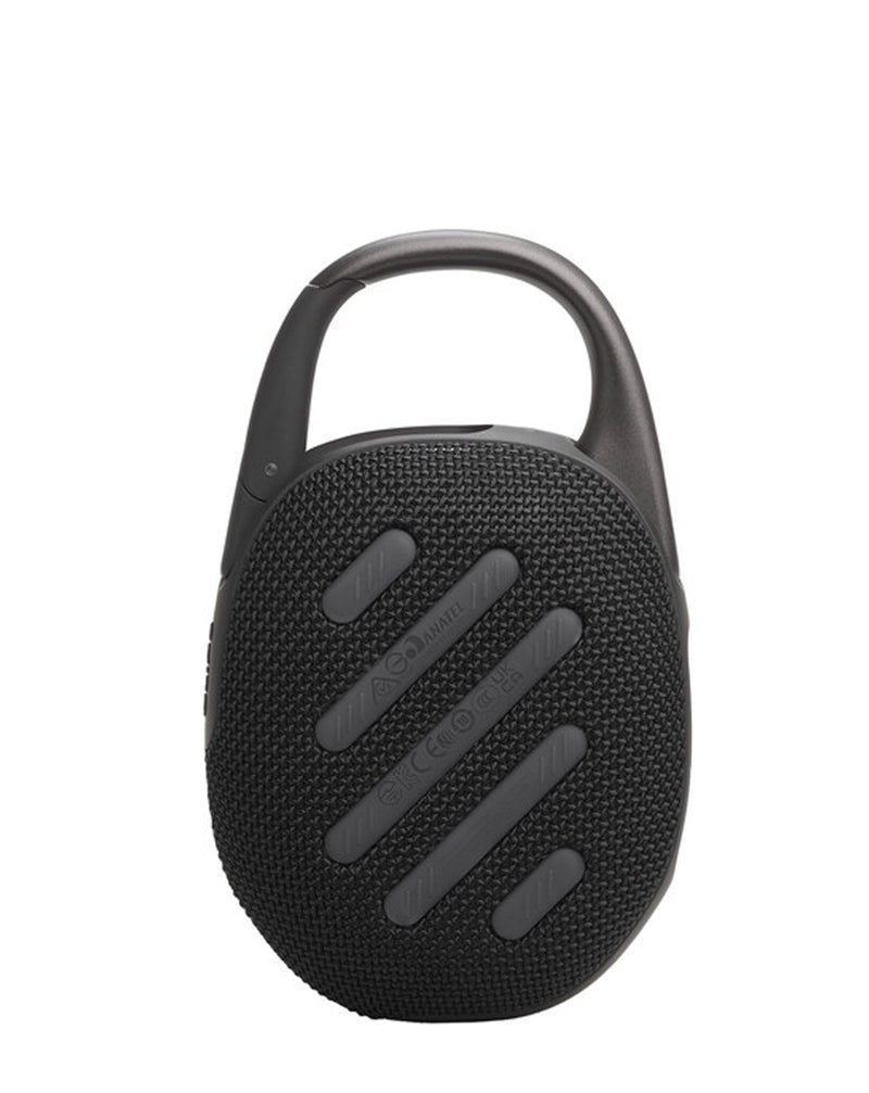 Altavoz JBL Clip 5 negro ultra-portátil impermeable ideal para tus aventuras acuáticas en Guatemala.