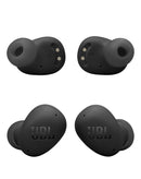 Auriculares inalámbricos JBL Vibe Buds 2 negros, diseño ergonómico y estuche de carga compacto.