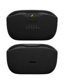 Auriculares inalámbricos JBL Vibe Buds 2 negros, diseño ergonómico y estuche de carga compacto.