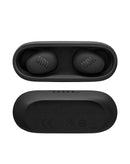 Auriculares inalámbricos JBL Vibe Buds 2 negros, diseño ergonómico y estuche de carga compacto.