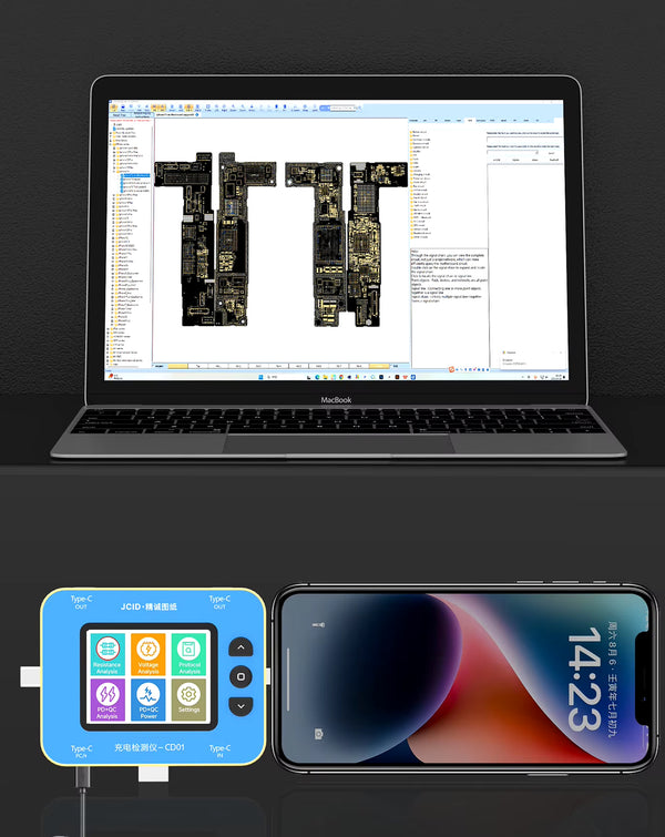 Detector de carga JCID CD01 con dibujo JC y puerto de carga Type-C Lightning