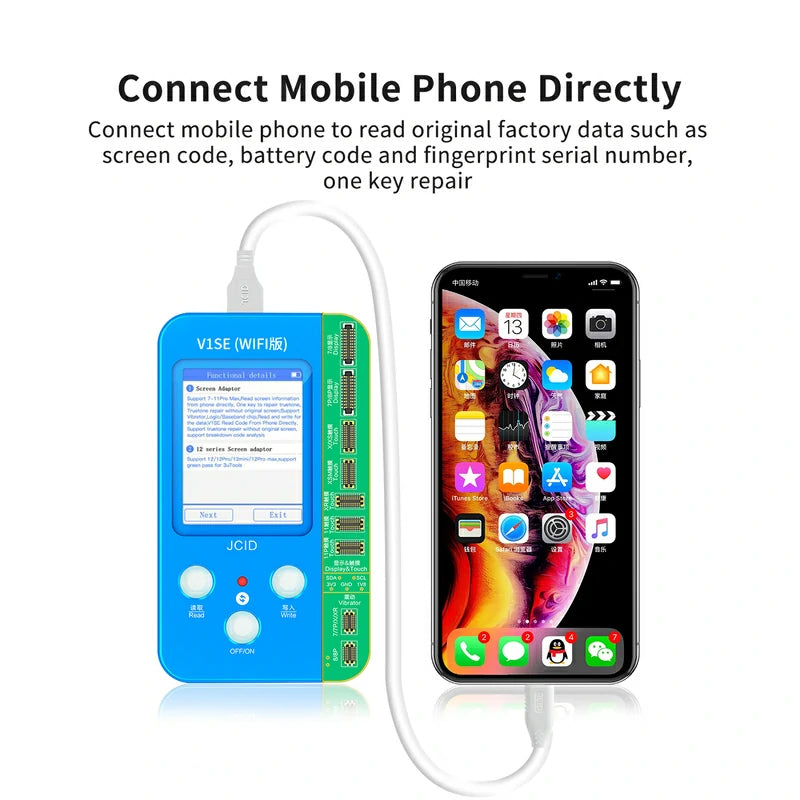 Programador de lectura 6 en 1 JC V1SE para Truetone con pantallas iPhone 7 a 15 PM y placas de altavoz (WIFI Version) ideal para reparaciones en Guatemala.